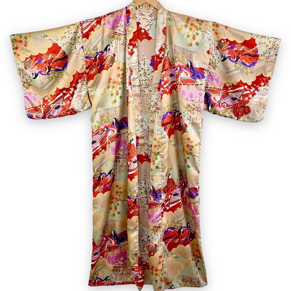 Vintage Kimono Japan Ichi Ban satin geisha floral graphic print boho robe